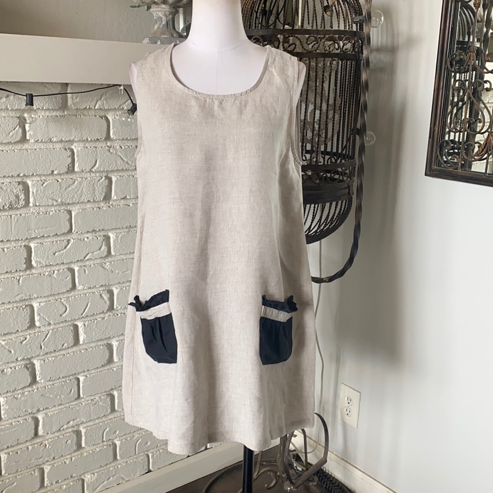 MATCH POINT USA WHEAT BLACK SLEEVELESS LINEN DRESS POCKETS